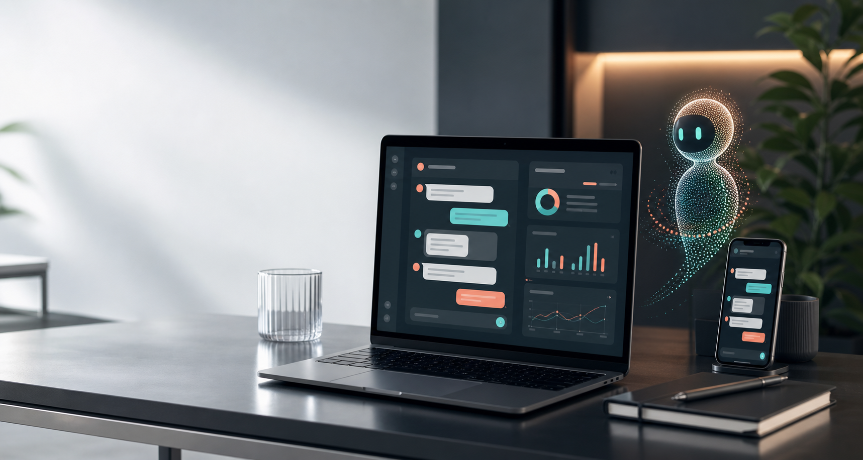 Laptop ve telefonda görünen yapay zeka asistan paneli